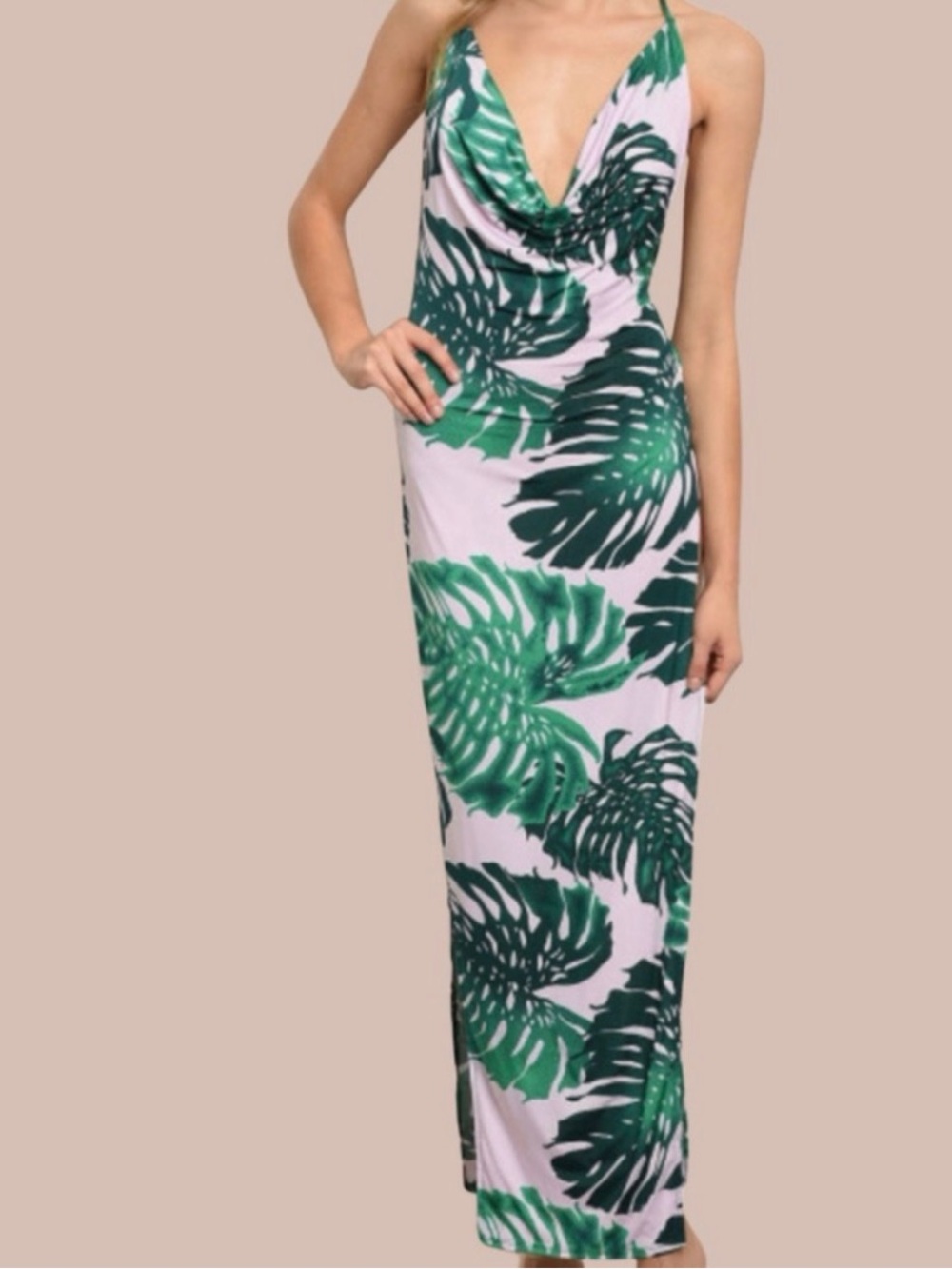 NWT Tropical Leaf Maxi Dress - Green in Light Pink - Medium